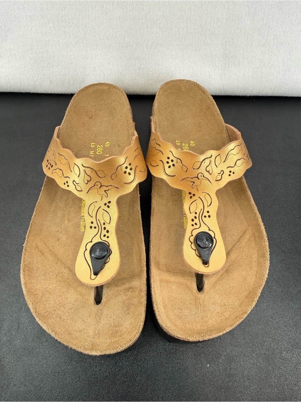 Papillio By Birkenstock Gold Floral Birds Laser-Cut Thong Sandals